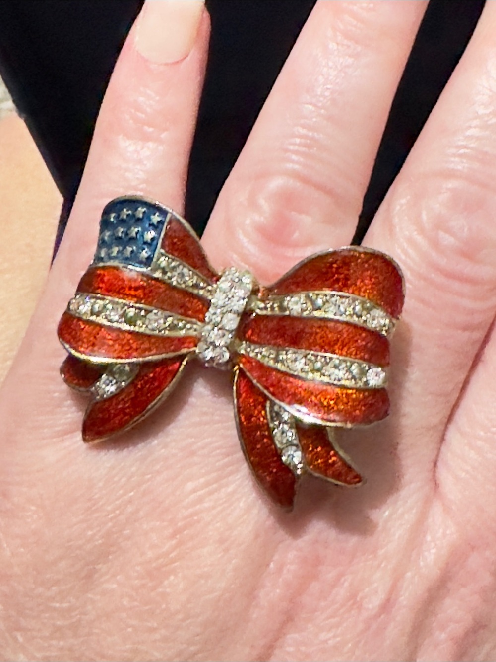 Vintage Americana Flag Ribbon Bow Statement Ring - Adjustable